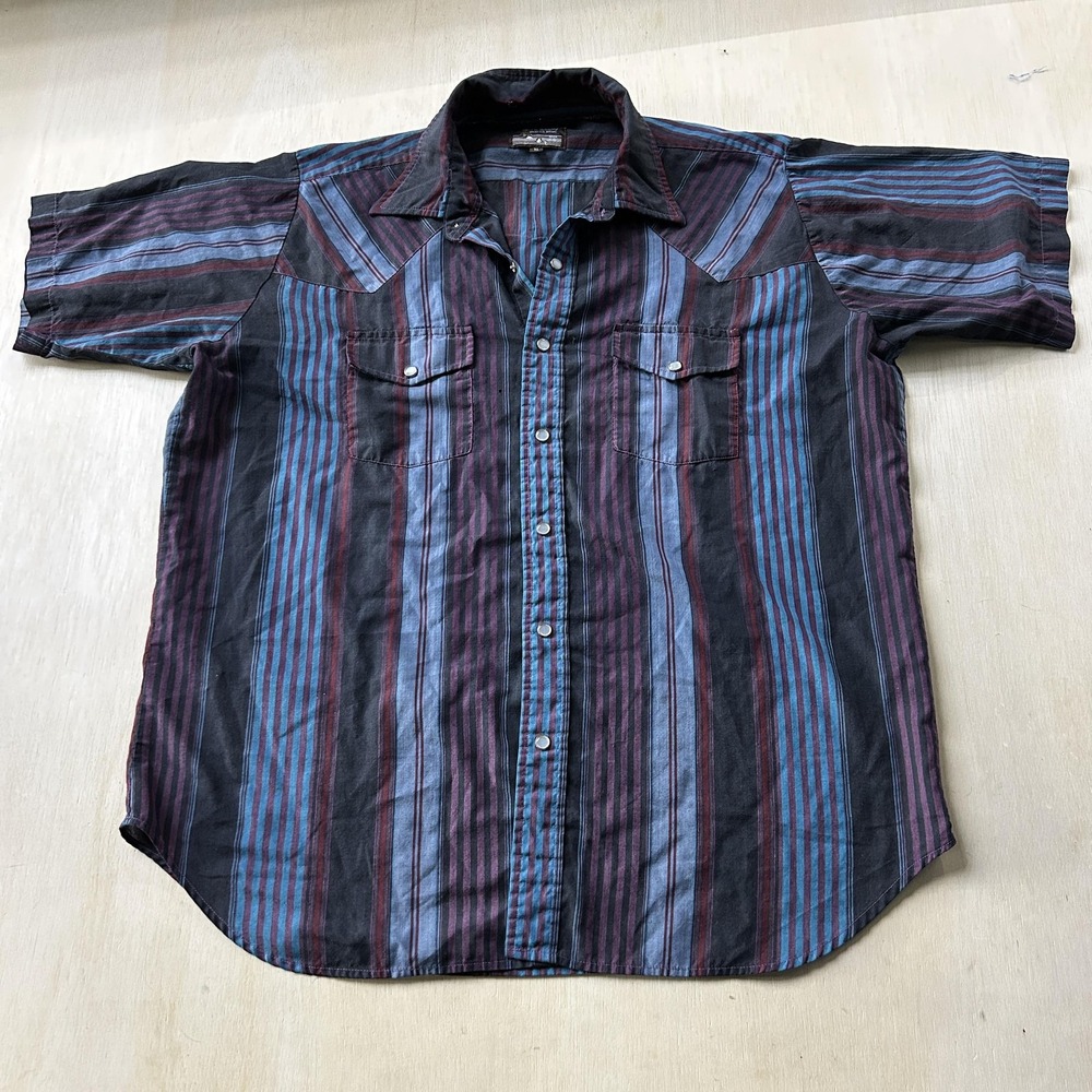 Outlaw Shirt Mens XL Blue Striped Short Sleeve Western Pearl Snap Button Up